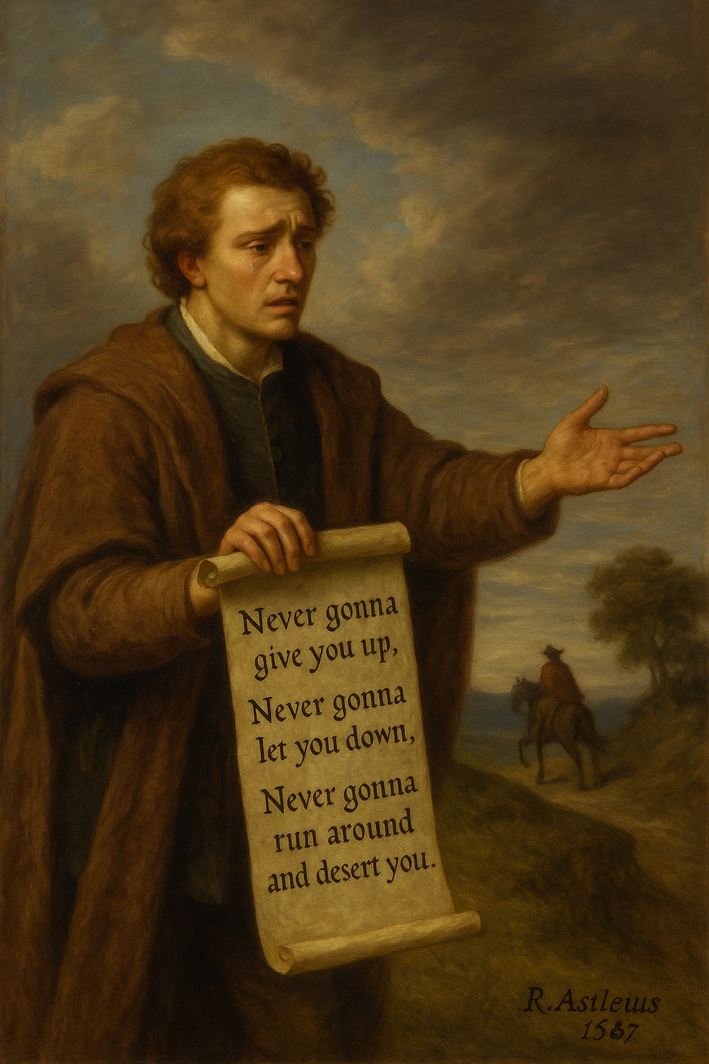 A Renaissance-style oil painting of a solemn young man in a brown cloak, standing on a hill under a cloudy sky. He holds out a parchment scroll inscribed with poetic text: 'Never gonna give you up, Never gonna let you down, Never gonna run around and desert you.' A tear runs down his cheek as he reaches toward a rider departing in the distance. The scroll is signed 'R. Astleius, 1587.'