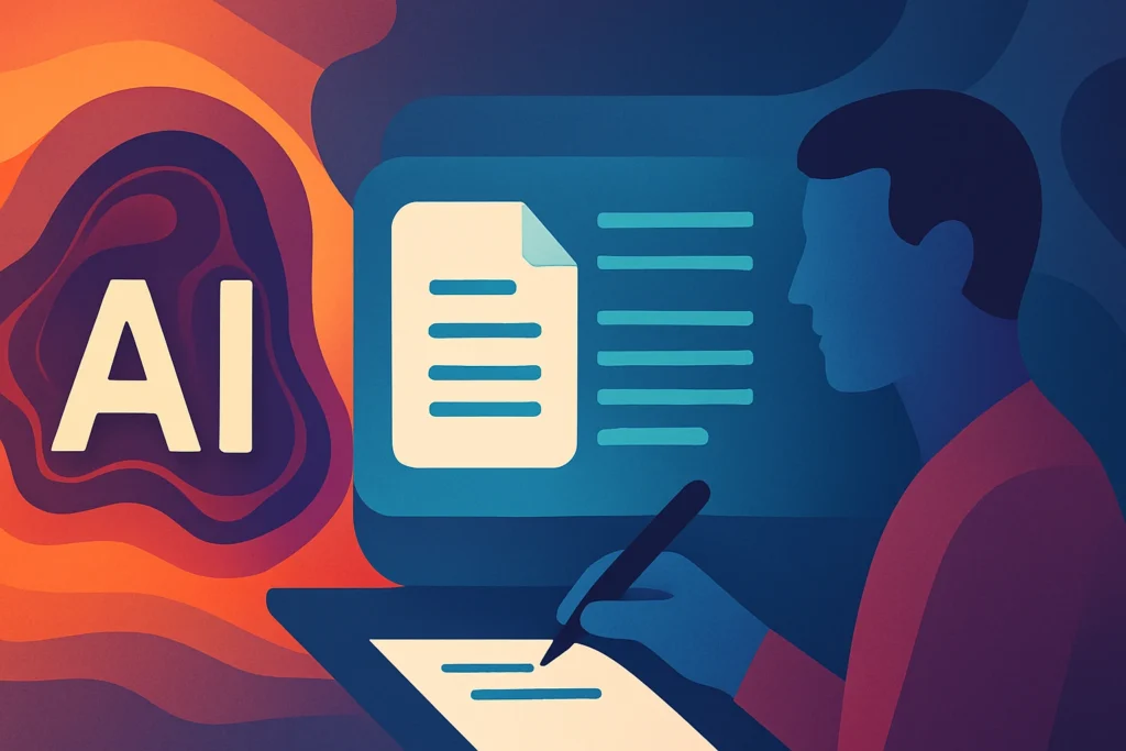 Abstract illustration showing a person writing with a pen, alongside digital elements like a document and "AI" symbol, representing collaboration between humans and artificial intelligence in content creation.